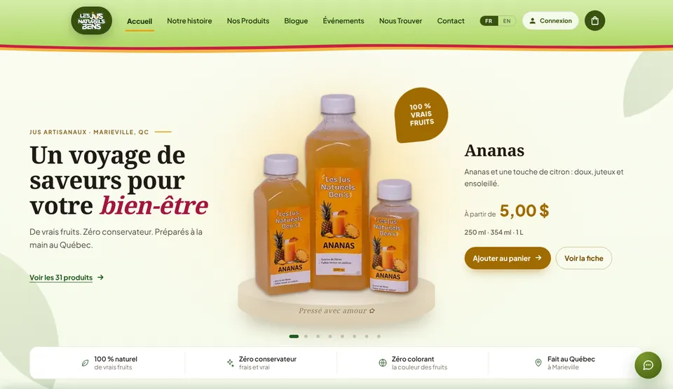 Home page of the Les Jus Naturels Ben's website